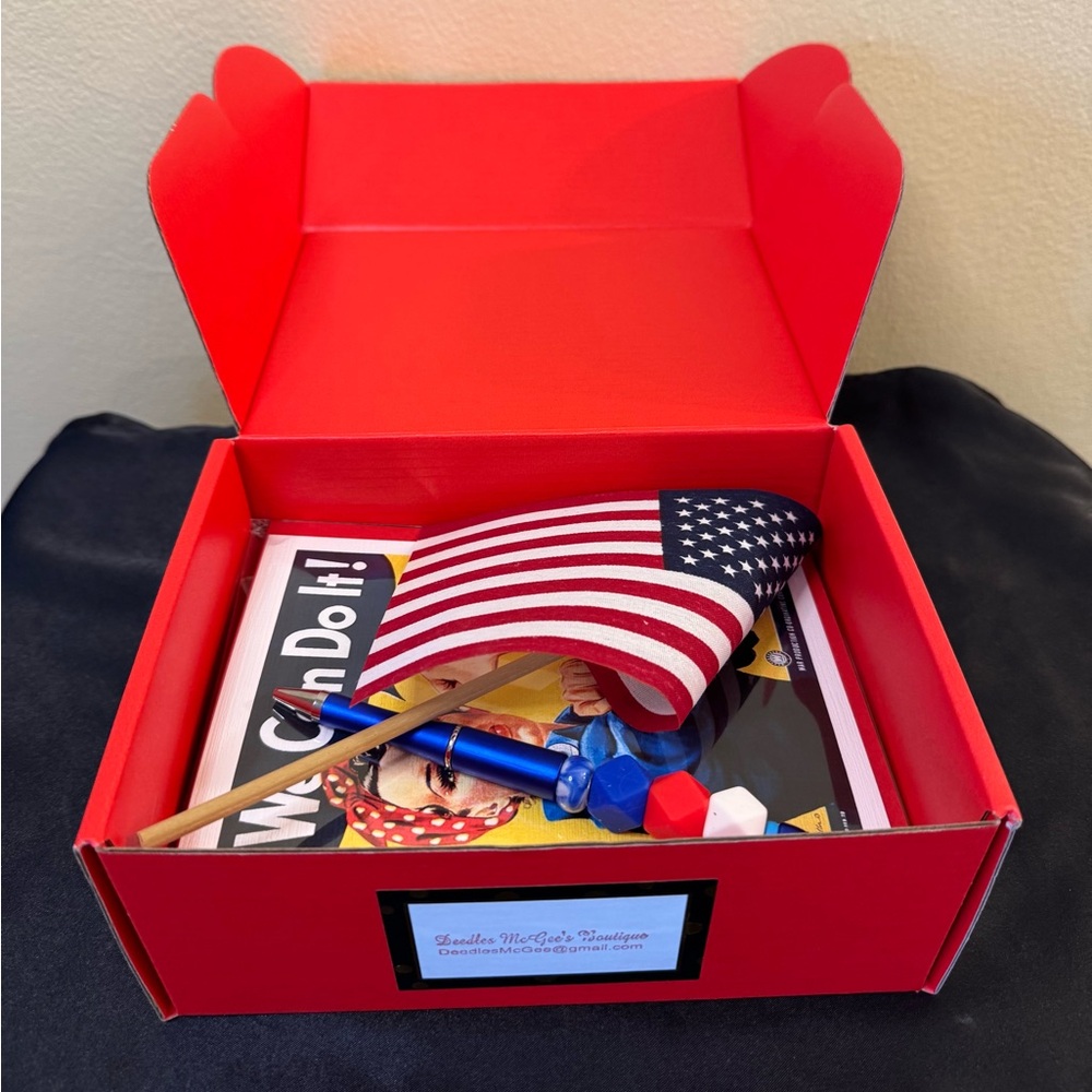 Patriotic 4th of July Gift!Ladies xs fringe flag top,Rosie the Riveter card, pen